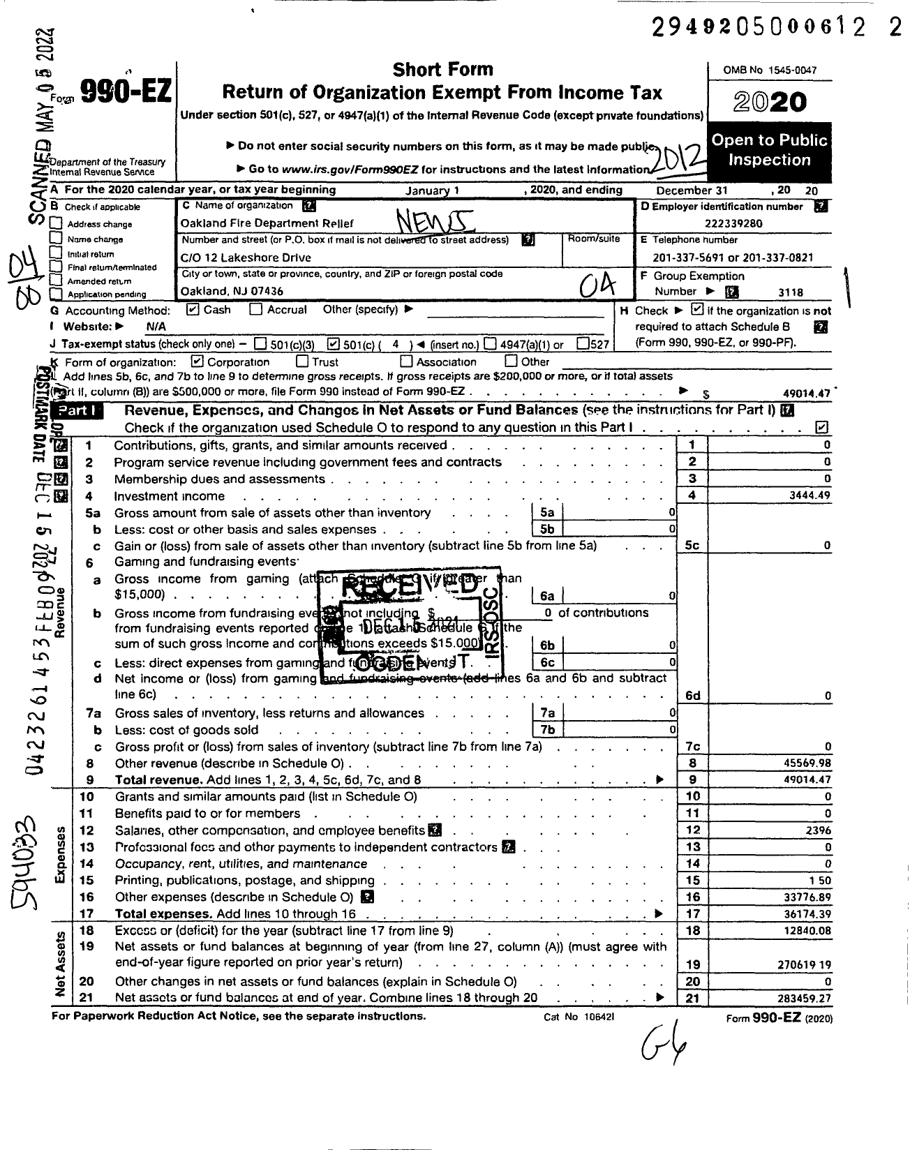 Image of first page of 2020 Form 990EO for New Jersey State Firemen's Association - Oakland