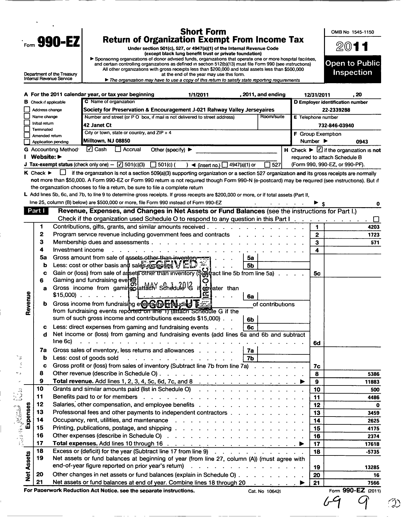 Image of first page of 2011 Form 990EZ for Barbershop Harmony Society - J021 Rahway Valley Chapter