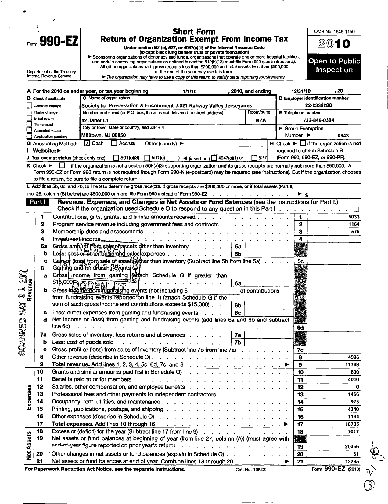 Image of first page of 2010 Form 990EO for Barbershop Harmony Society - J021 Rahway Valley Chapter