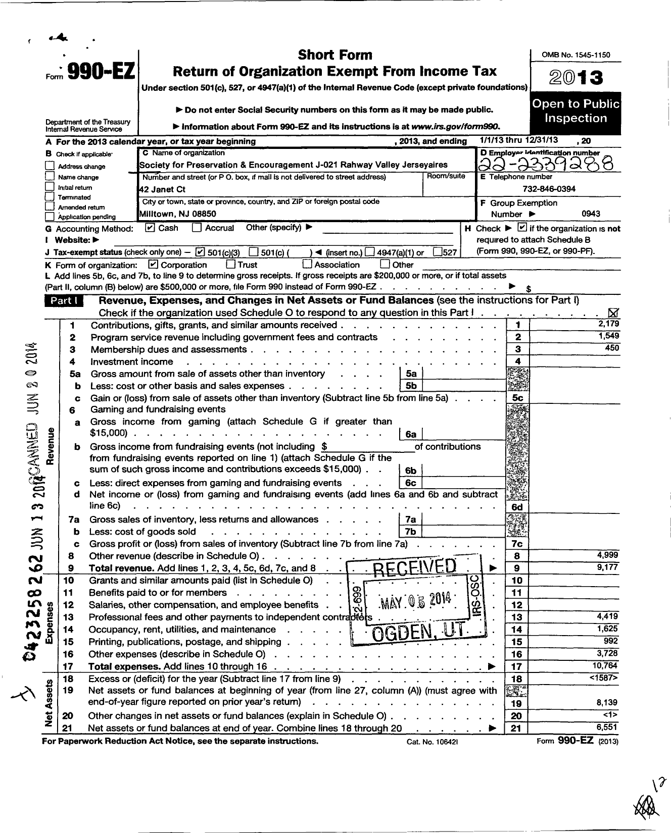 Image of first page of 2013 Form 990EZ for Barbershop Harmony Society - J021 Rahway Valley Chapter