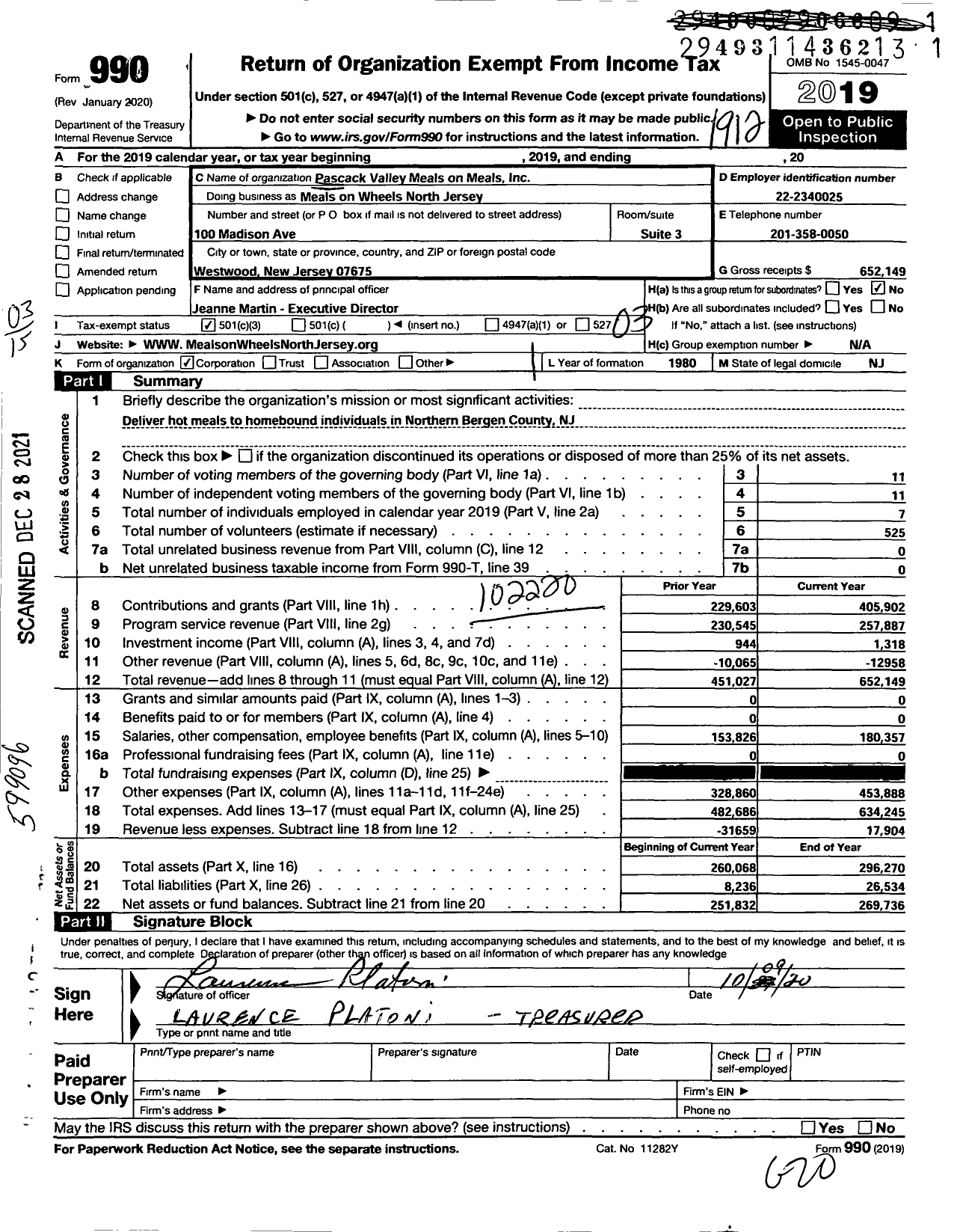 Image of first page of 2019 Form 990 for Pascack Valley Meals on Wheels Meals on Wheels North Jersey