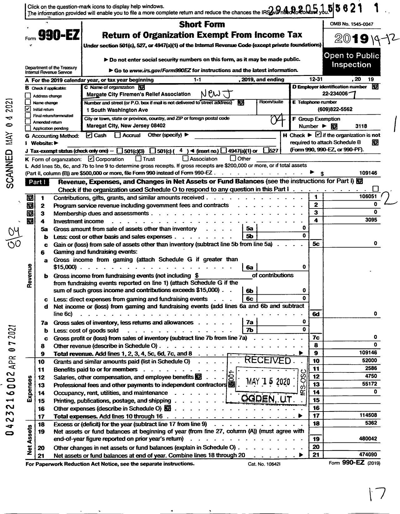 Image of first page of 2019 Form 990EO for New Jersey State Firemen's Association - Margate City