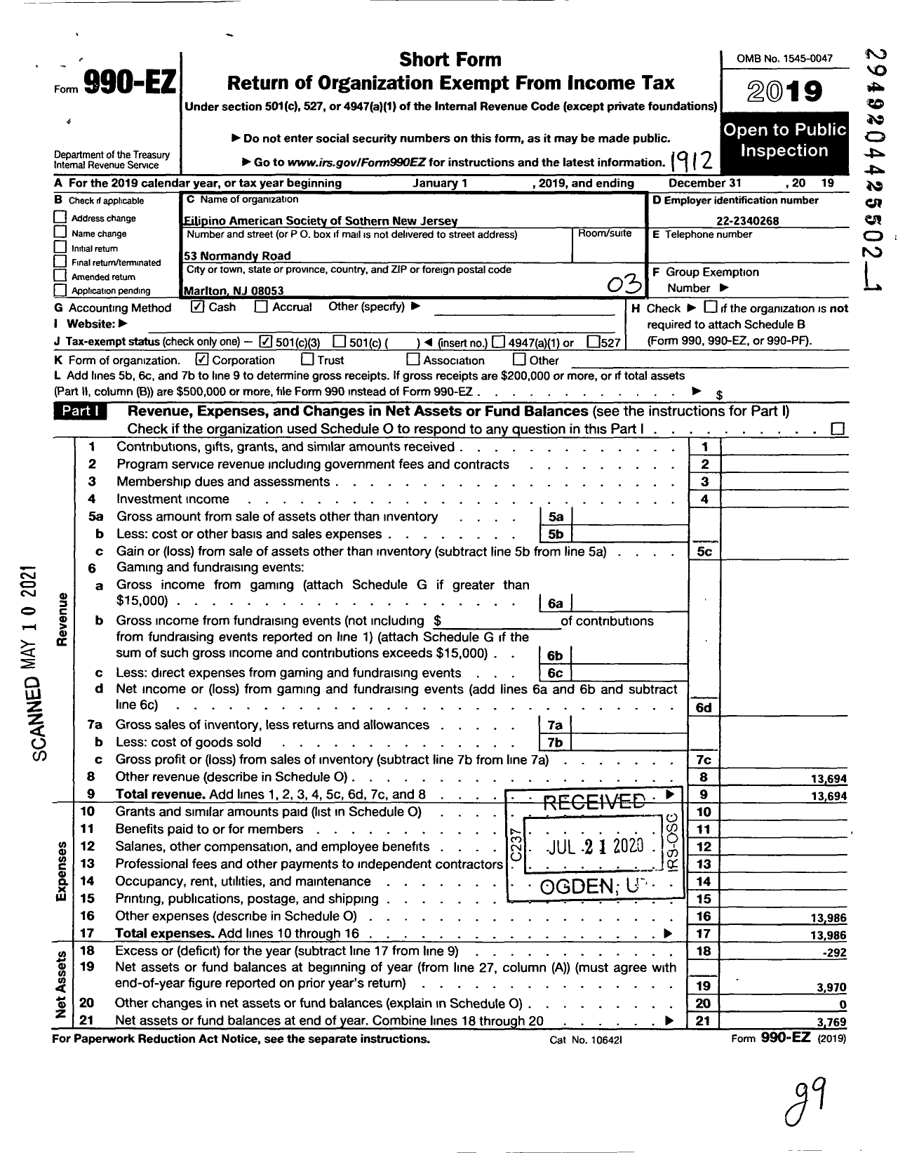 Image of first page of 2019 Form 990EZ for Filipino American Society of South Jersey