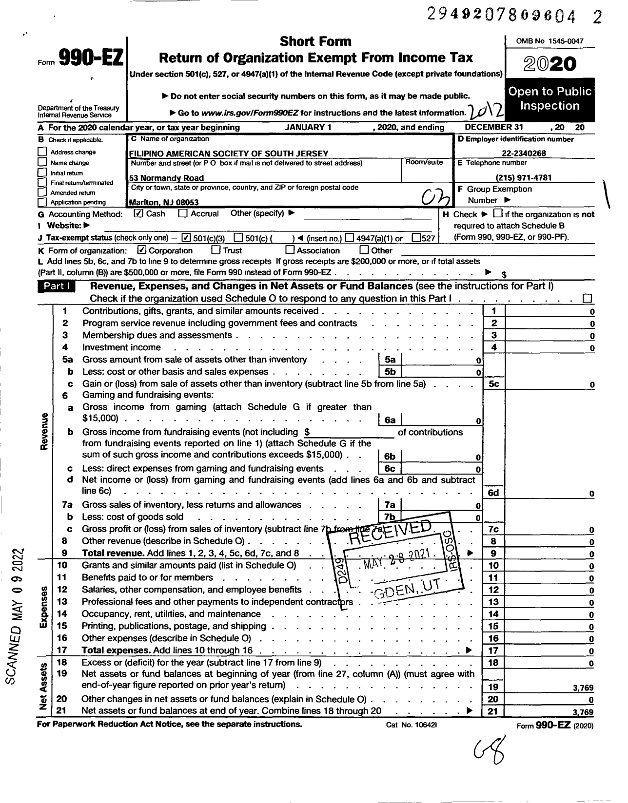 Image of first page of 2020 Form 990EZ for Filipino American Society of South Jersey