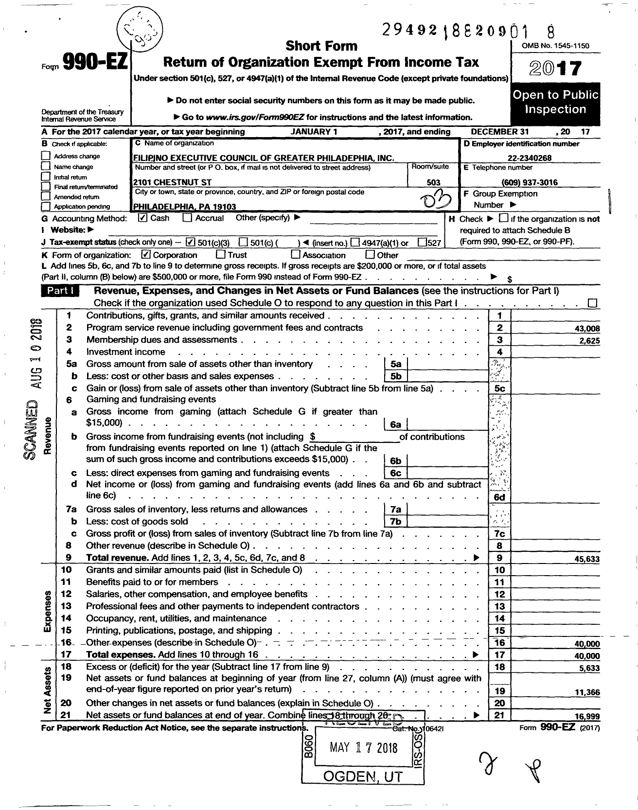 Image of first page of 2017 Form 990EZ for Filipino American Society of South Jersey