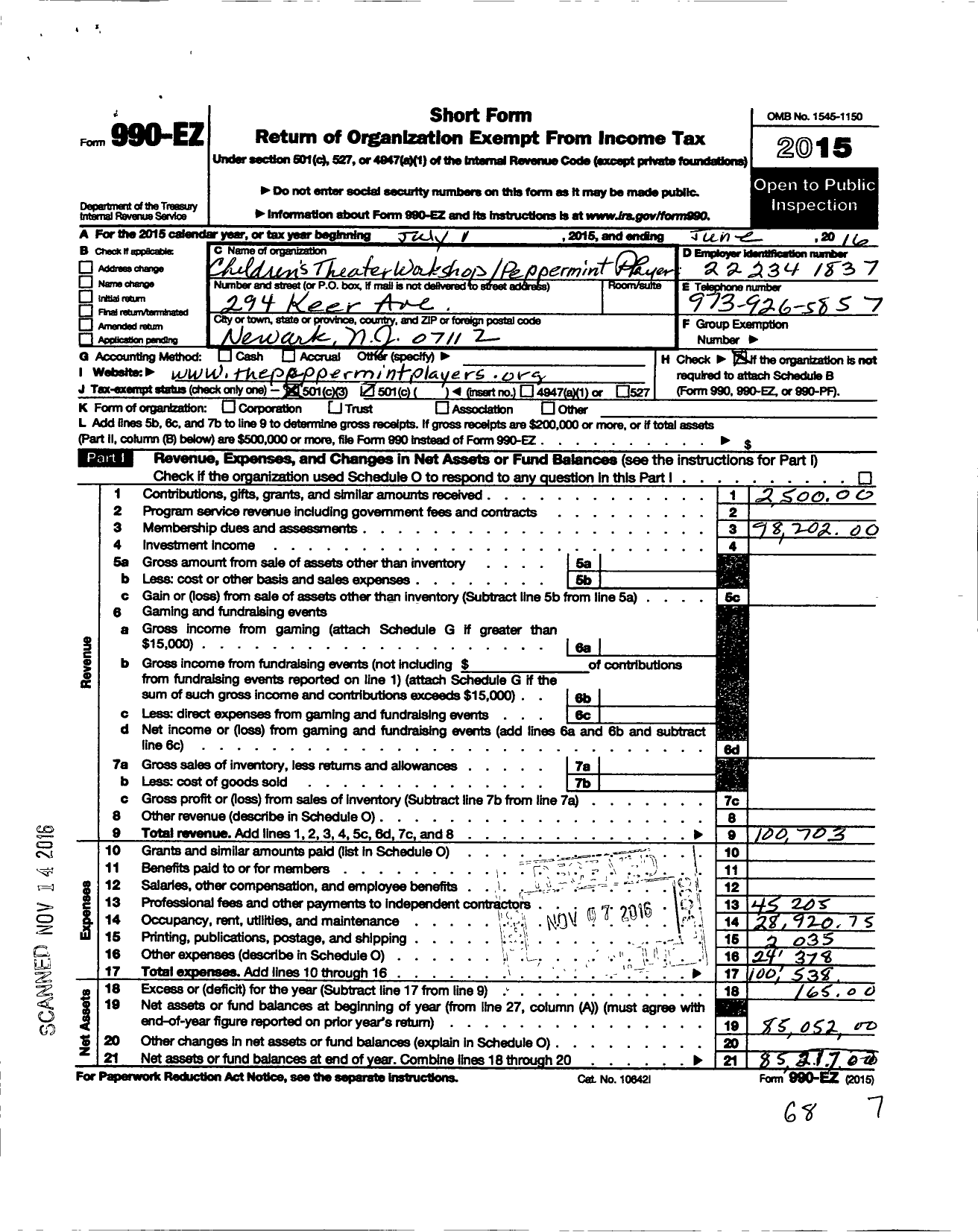 Image of first page of 2015 Form 990EZ for Childrens Theater Workshop Peppermint Players