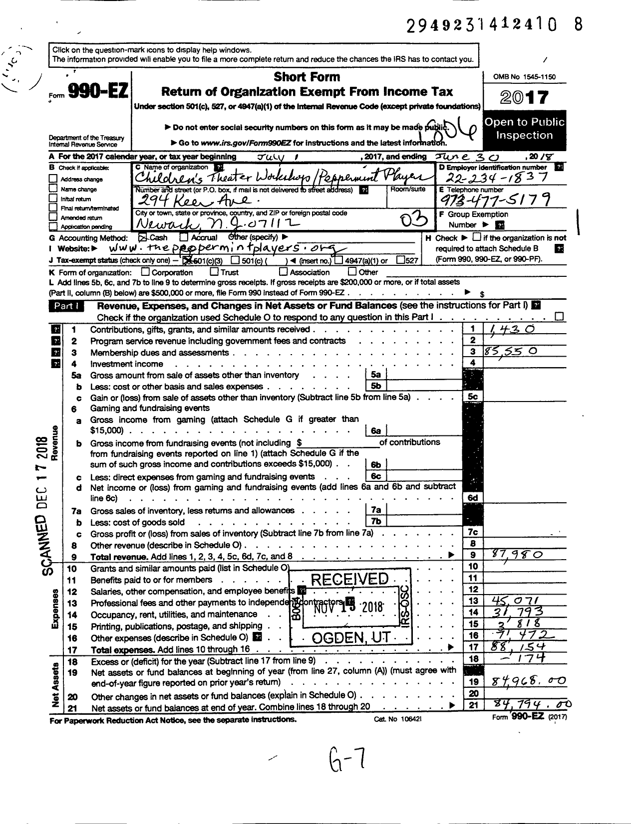 Image of first page of 2017 Form 990EZ for Childrens Theater Workshop Peppermint Players