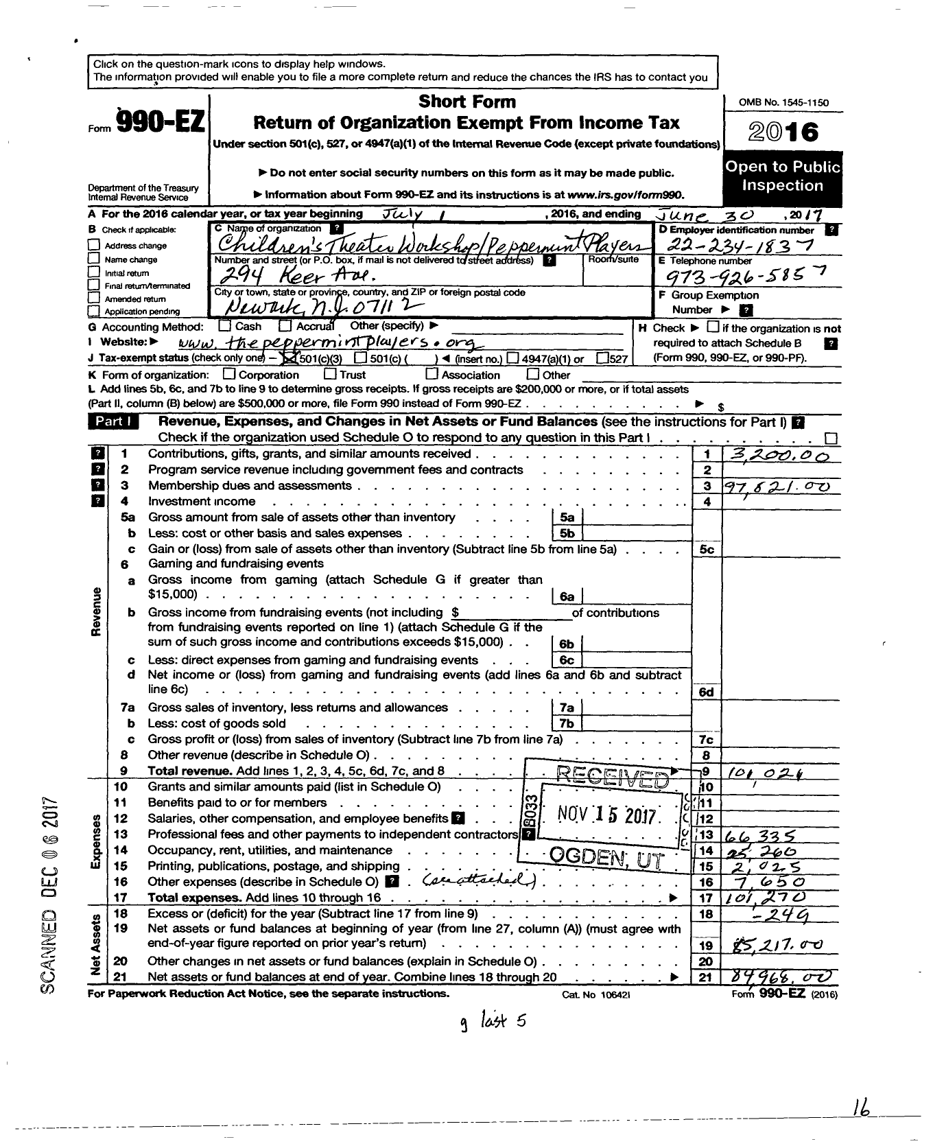 Image of first page of 2016 Form 990EZ for Childrens Theater Workshop Peppermint Players