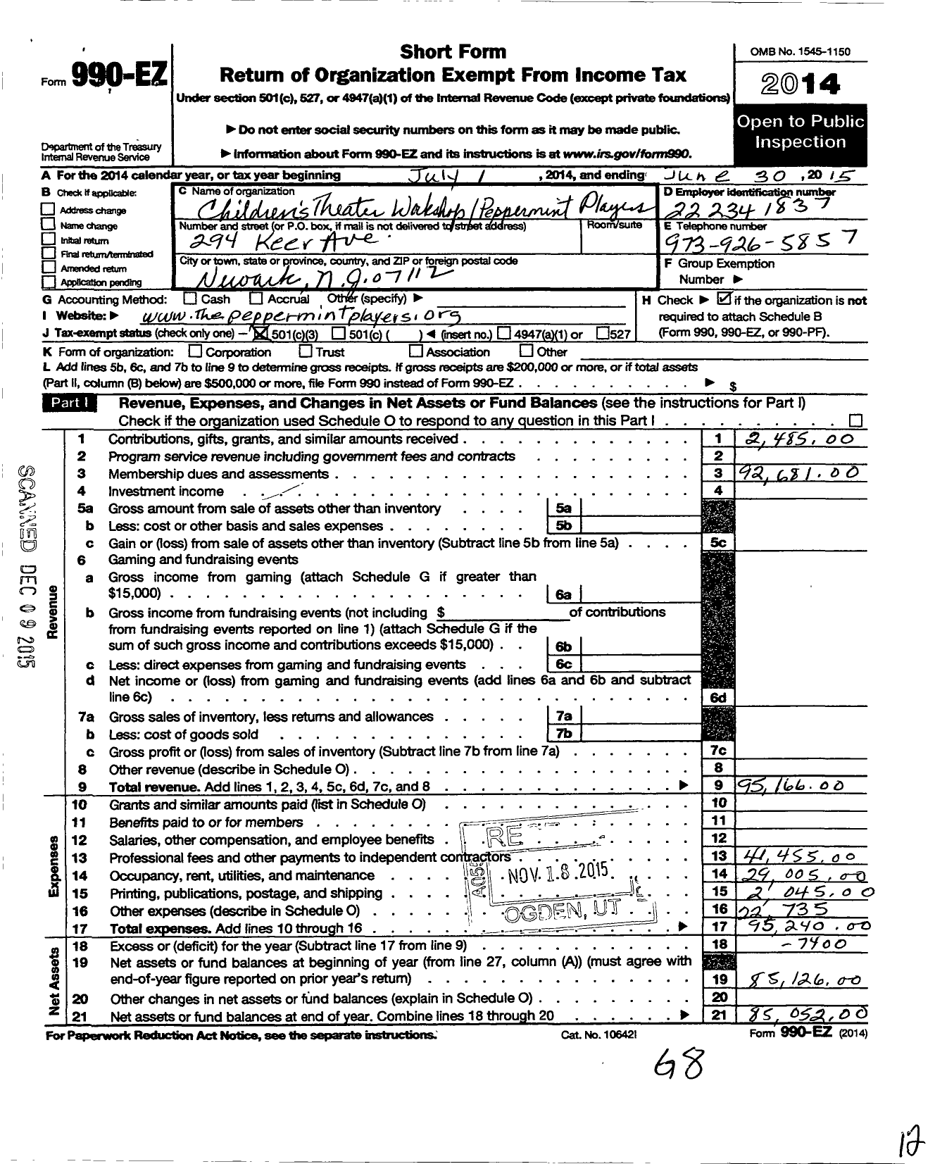 Image of first page of 2014 Form 990EZ for Childrens Theater Workshop Peppermint Players