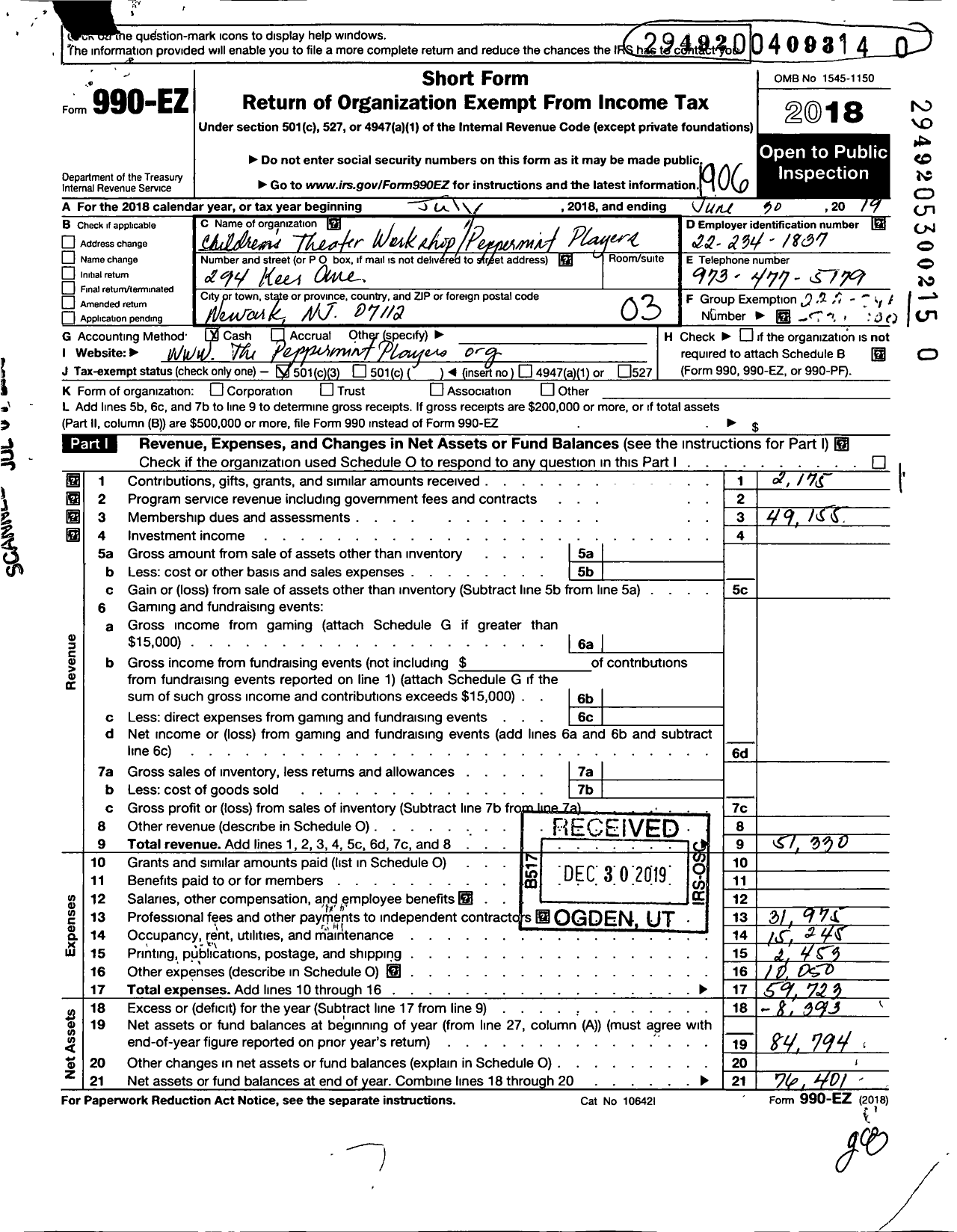 Image of first page of 2018 Form 990EZ for Childrens Theater Workshop Peppermint Players