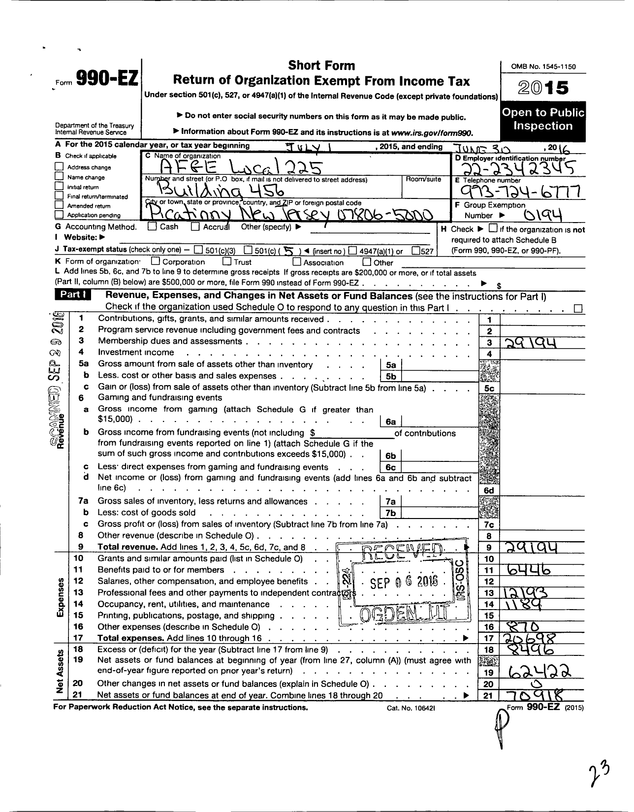 Image of first page of 2015 Form 990EO for American Federation of Government Employees - 0225 Afge Local