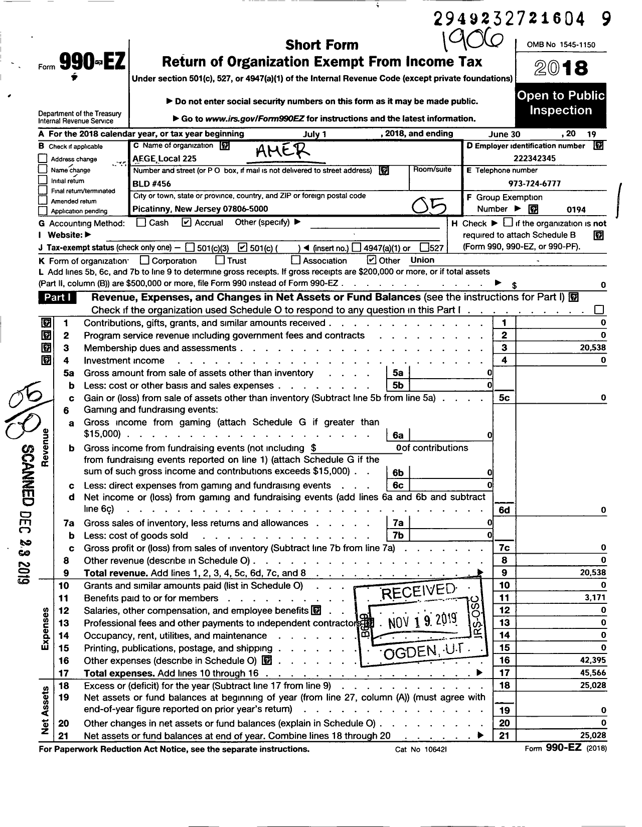 Image of first page of 2018 Form 990EO for American Federation of Government Employees - 0225 Afge Local