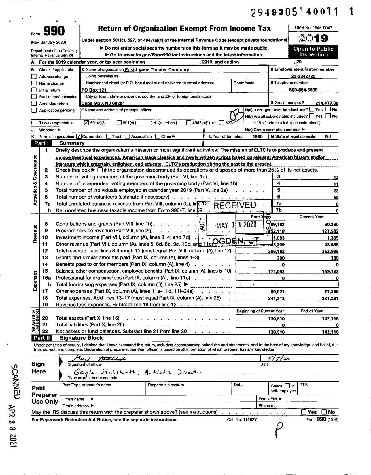 Image of first page of 2019 Form 990 for East Lynne Theater Company