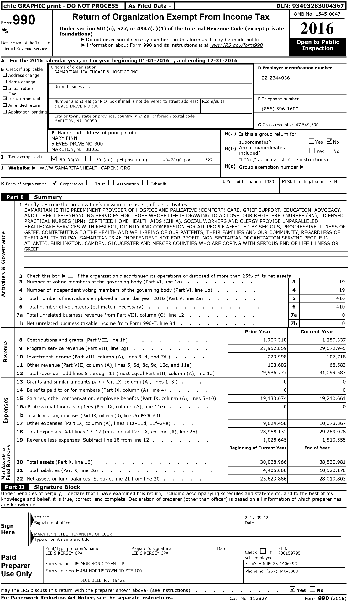 Image of first page of 2016 Form 990 for Samaritan Healthcare and Hospice