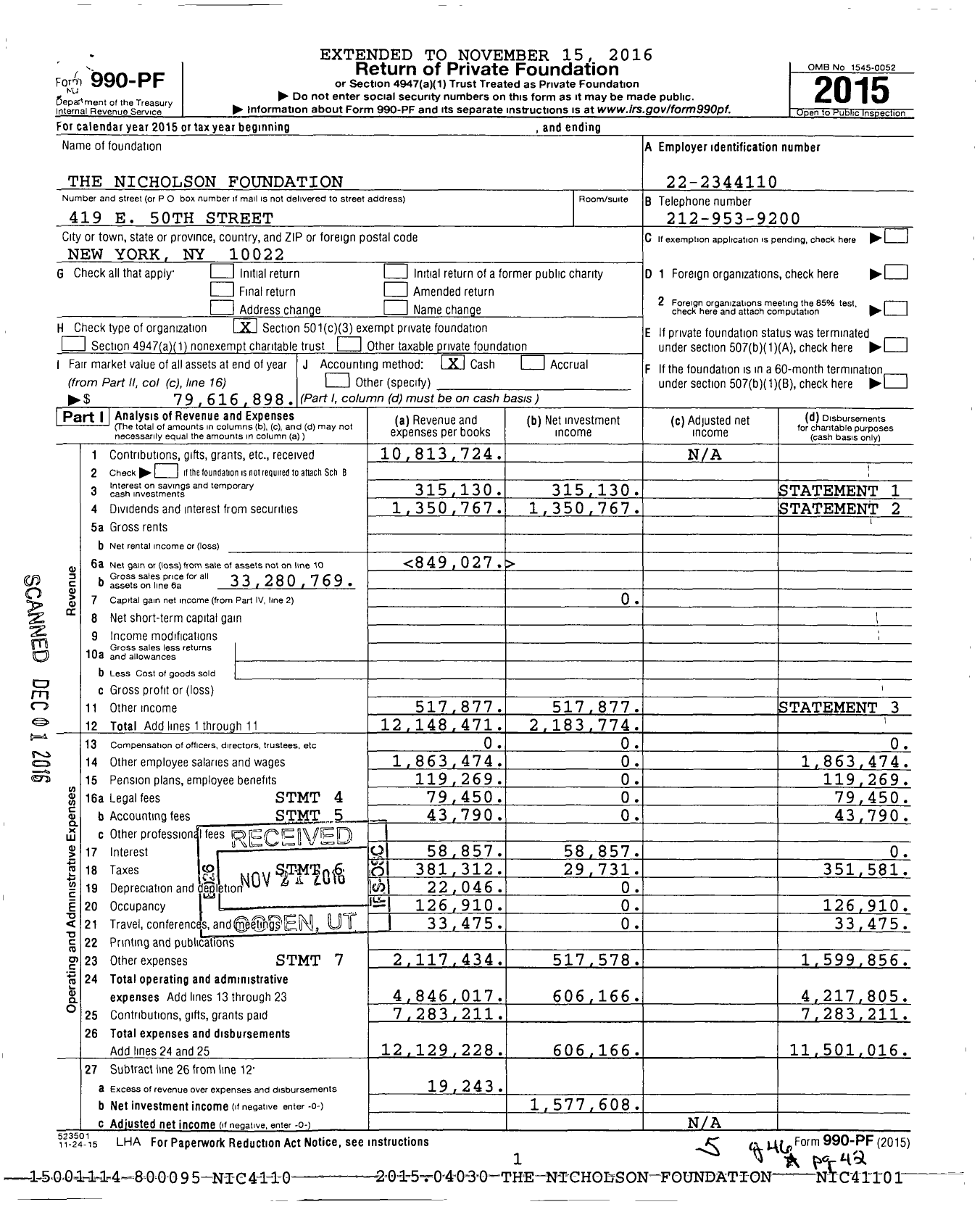 Image of first page of 2015 Form 990PF for The Nicholson Foundation