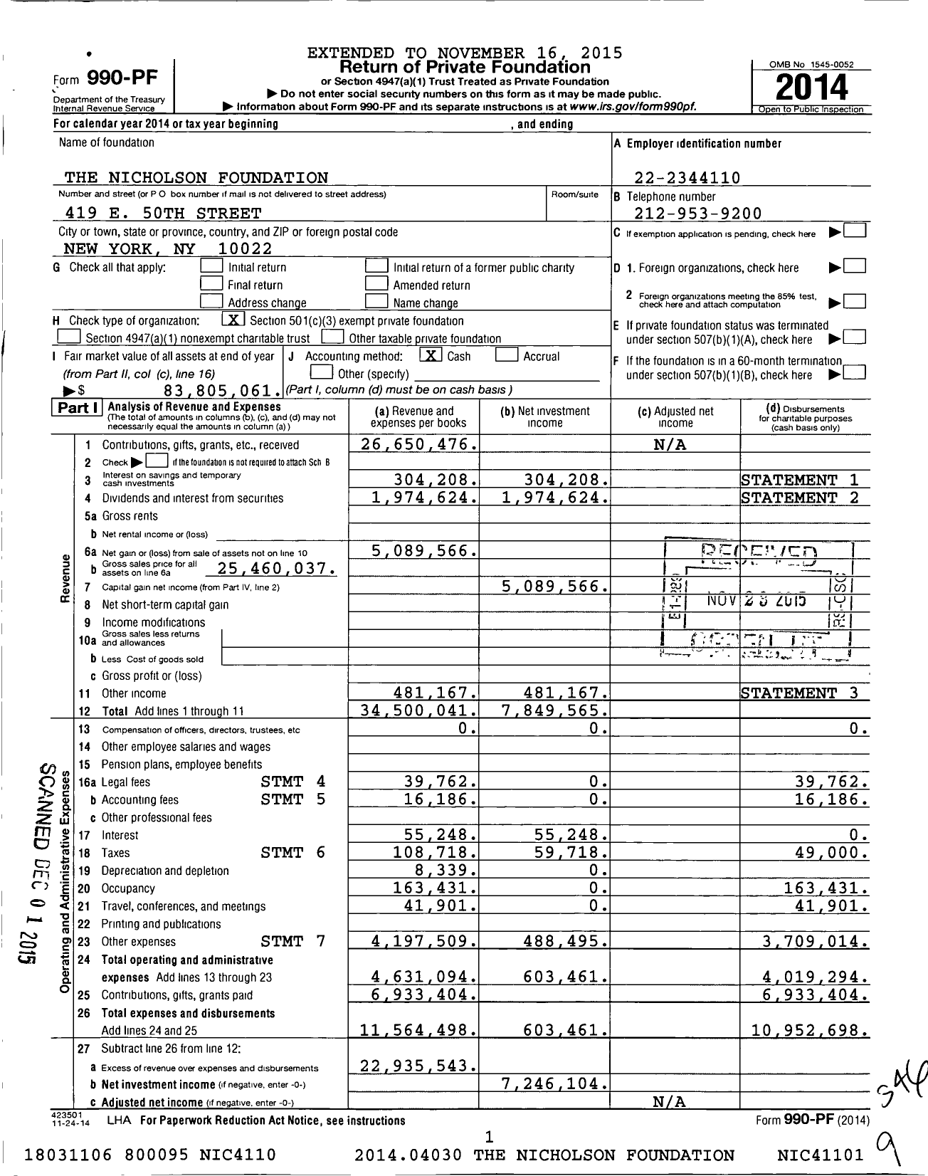 Image of first page of 2014 Form 990PF for The Nicholson Foundation