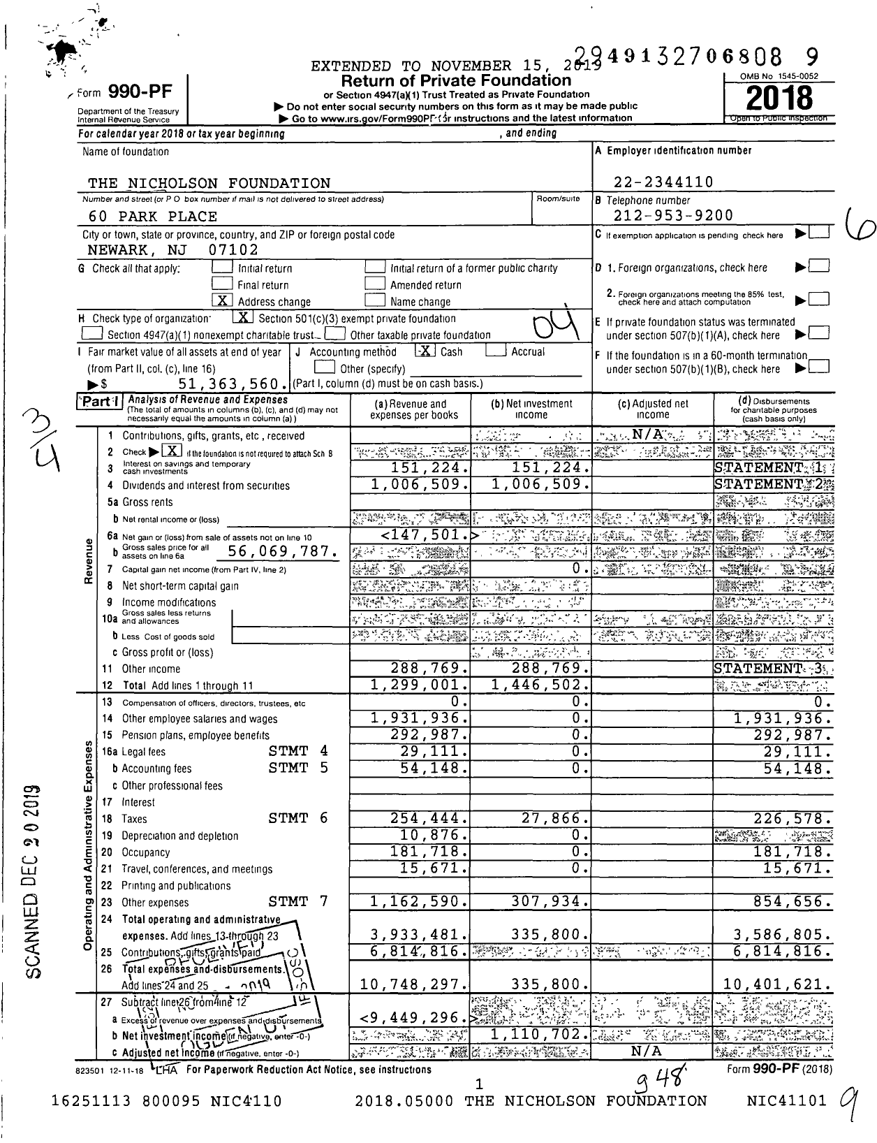 Image of first page of 2018 Form 990PF for The Nicholson Foundation
