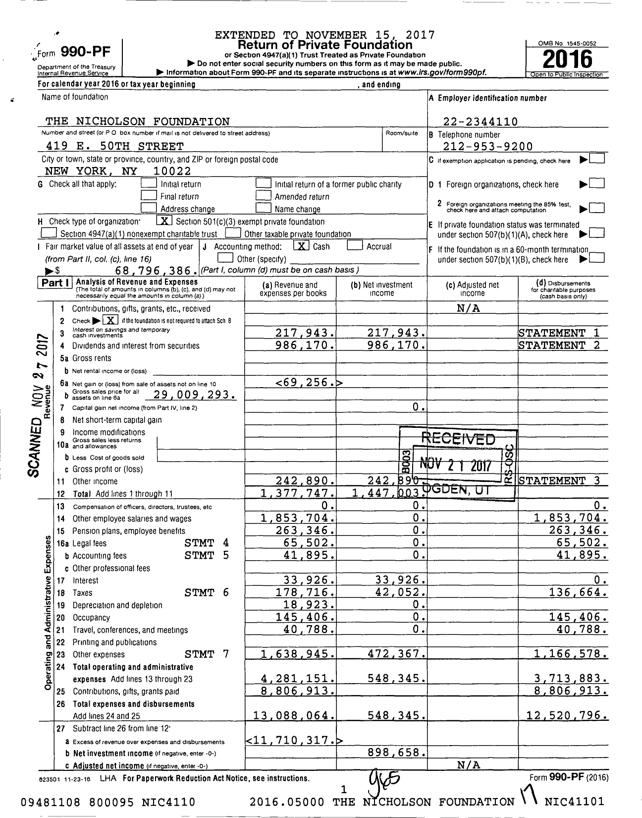 Image of first page of 2016 Form 990PF for The Nicholson Foundation