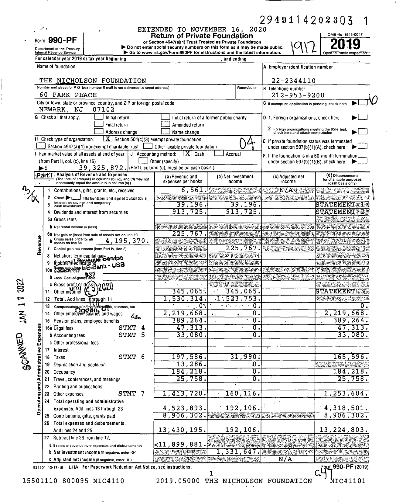 Image of first page of 2019 Form 990PF for The Nicholson Foundation