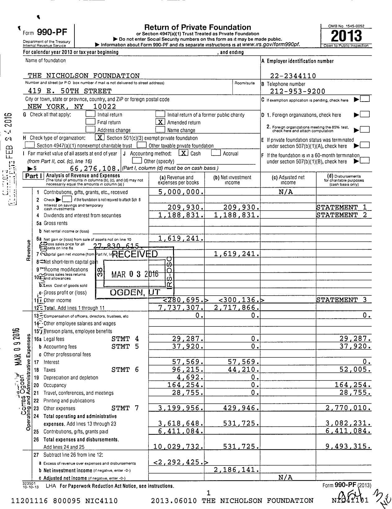 Image of first page of 2013 Form 990PF for The Nicholson Foundation