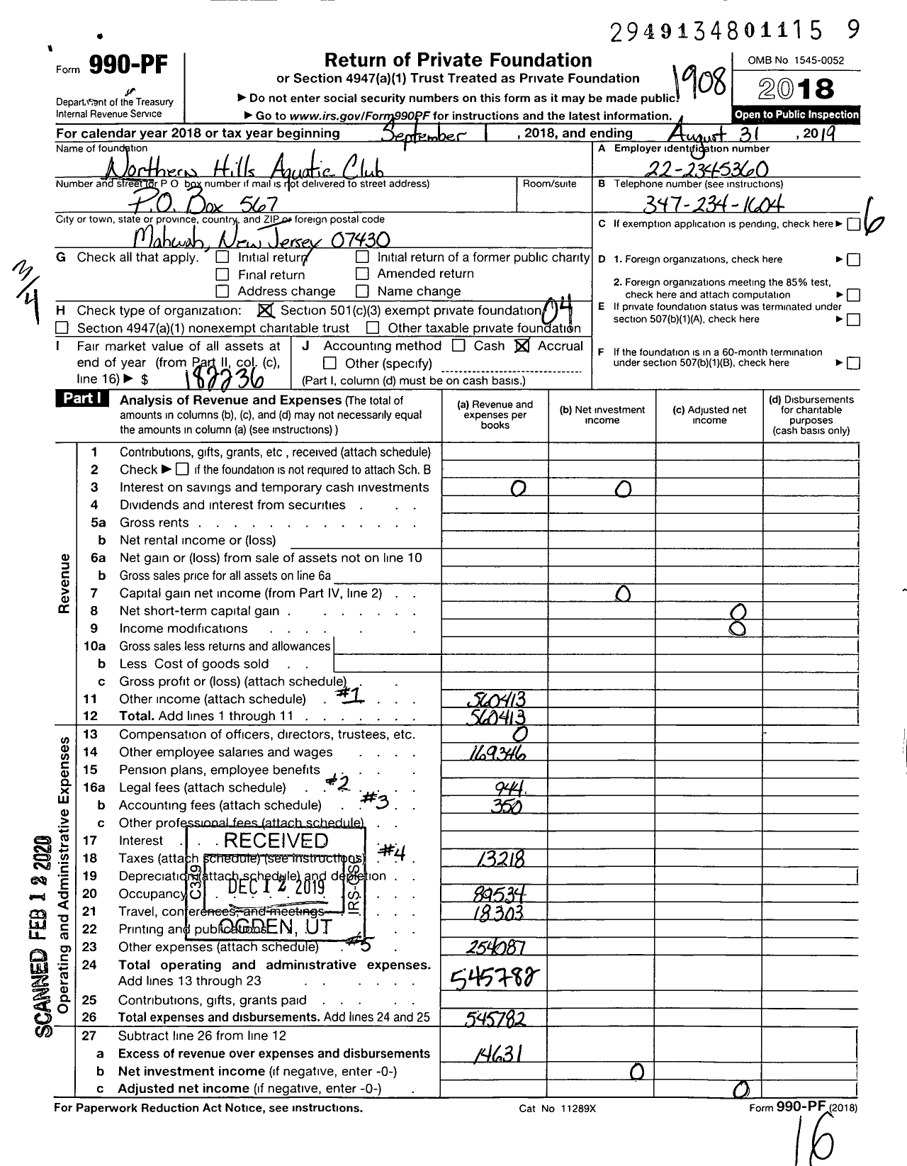 Image of first page of 2018 Form 990PF for Northern Hills Aquatic Club