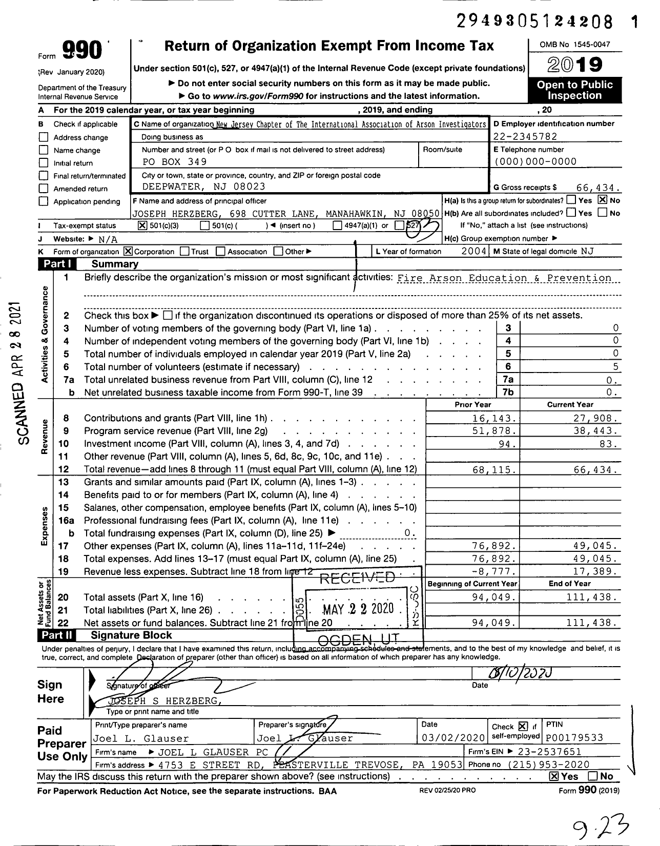 Image of first page of 2019 Form 990 for New Jersey Chapter of The International Association of Arson Investigators