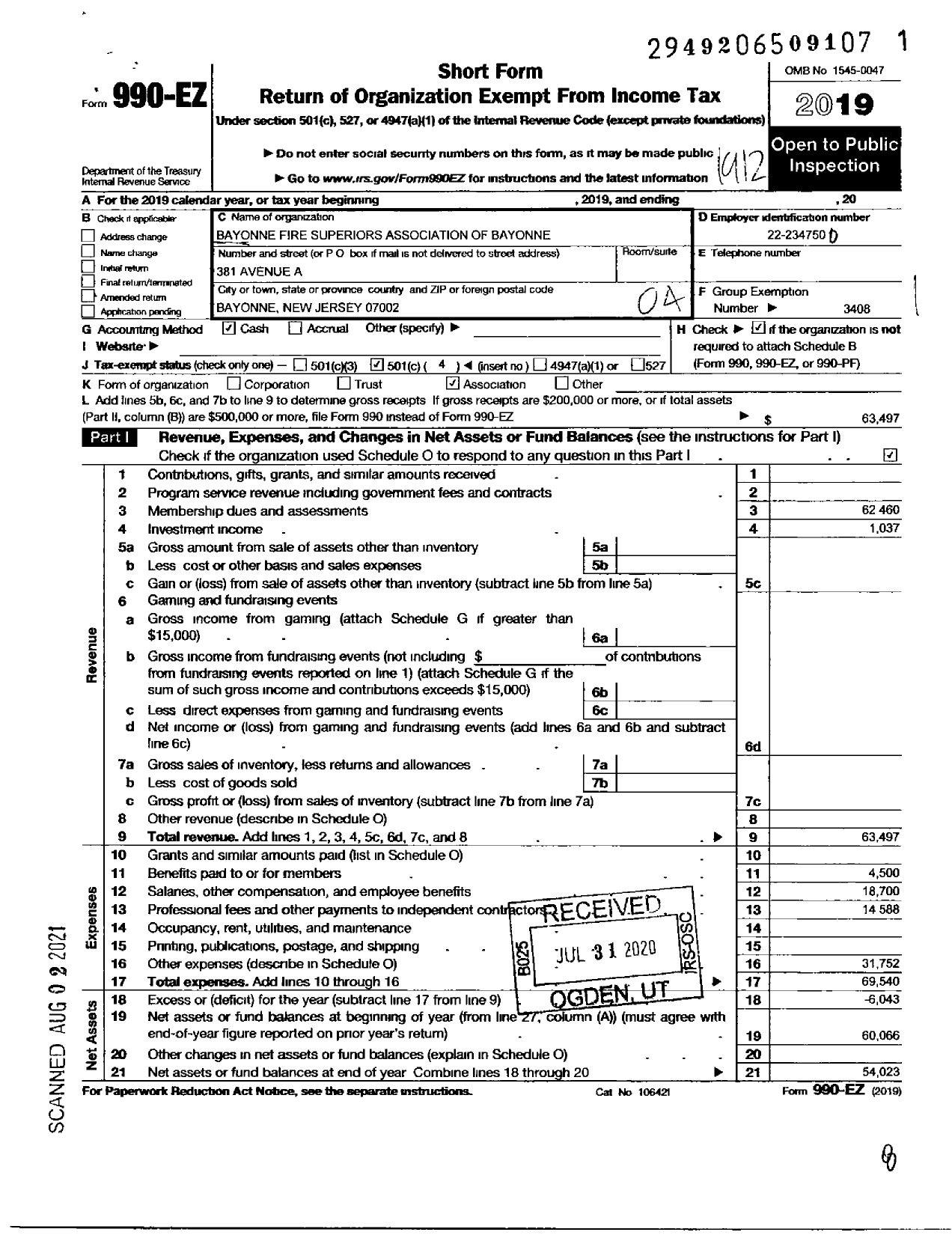 Image of first page of 2019 Form 990EO for New Jersey State Firemens Mutual Benevolent Association - 211 Local Bayonne Fire Officers