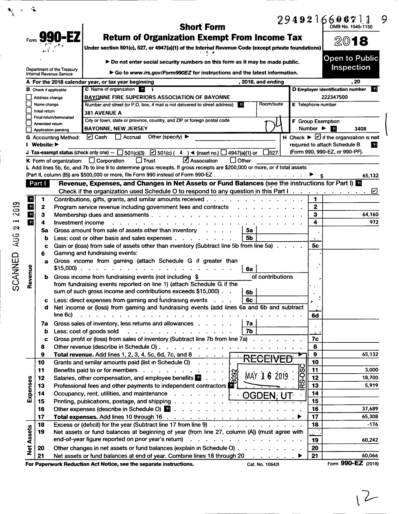 Image of first page of 2018 Form 990EO for New Jersey State Firemens Mutual Benevolent Association - 211 Local Bayonne Fire Officers