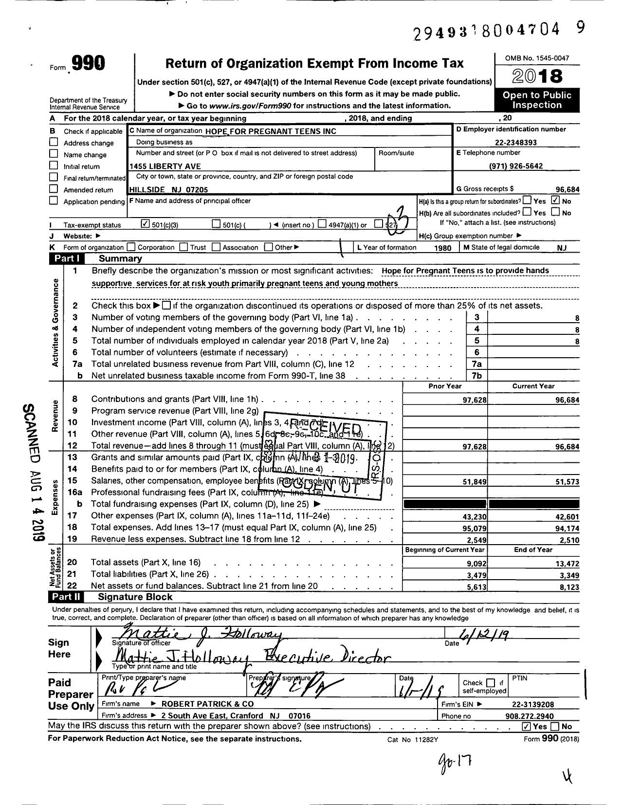 Image of first page of 2018 Form 990 for Hope for Pregnant Teens