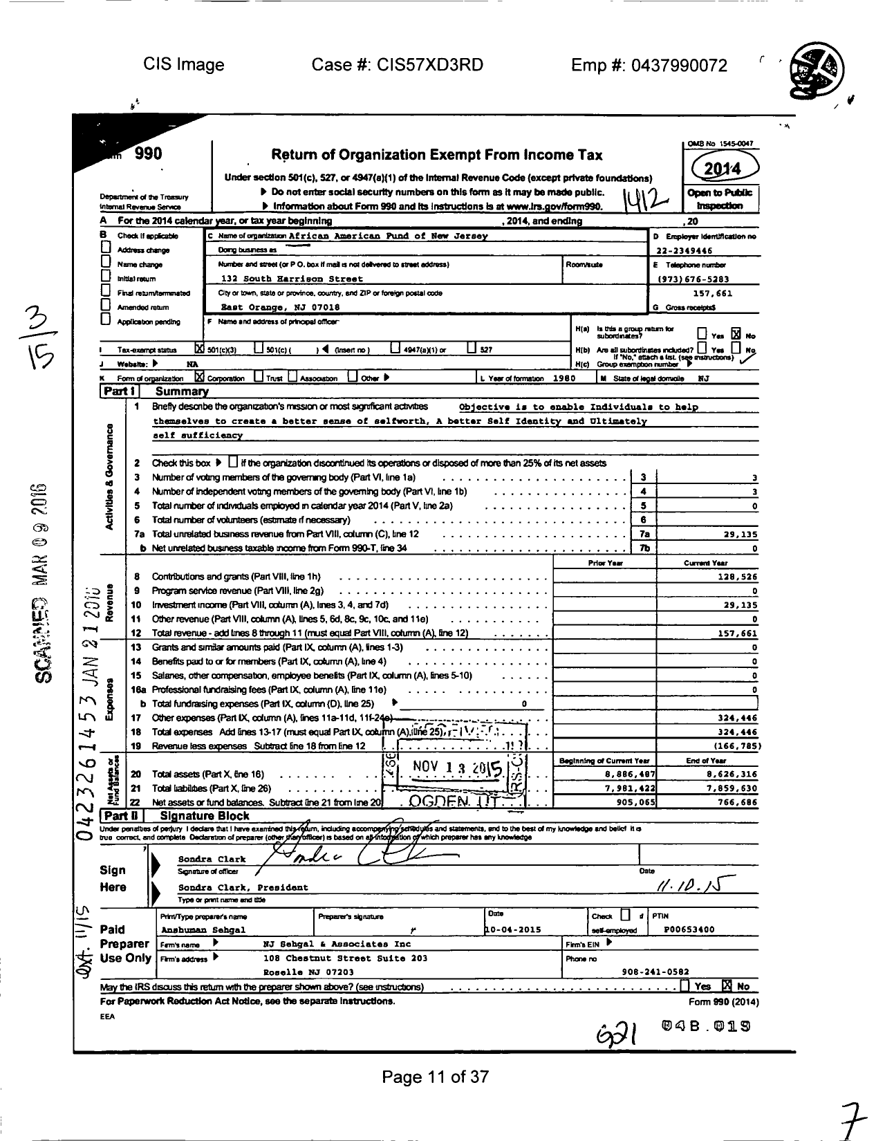 Image of first page of 2014 Form 990 for African American Fund of New Jersey