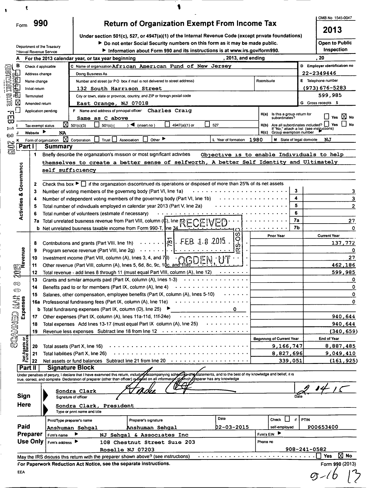 Image of first page of 2013 Form 990 for African American Fund of New Jersey