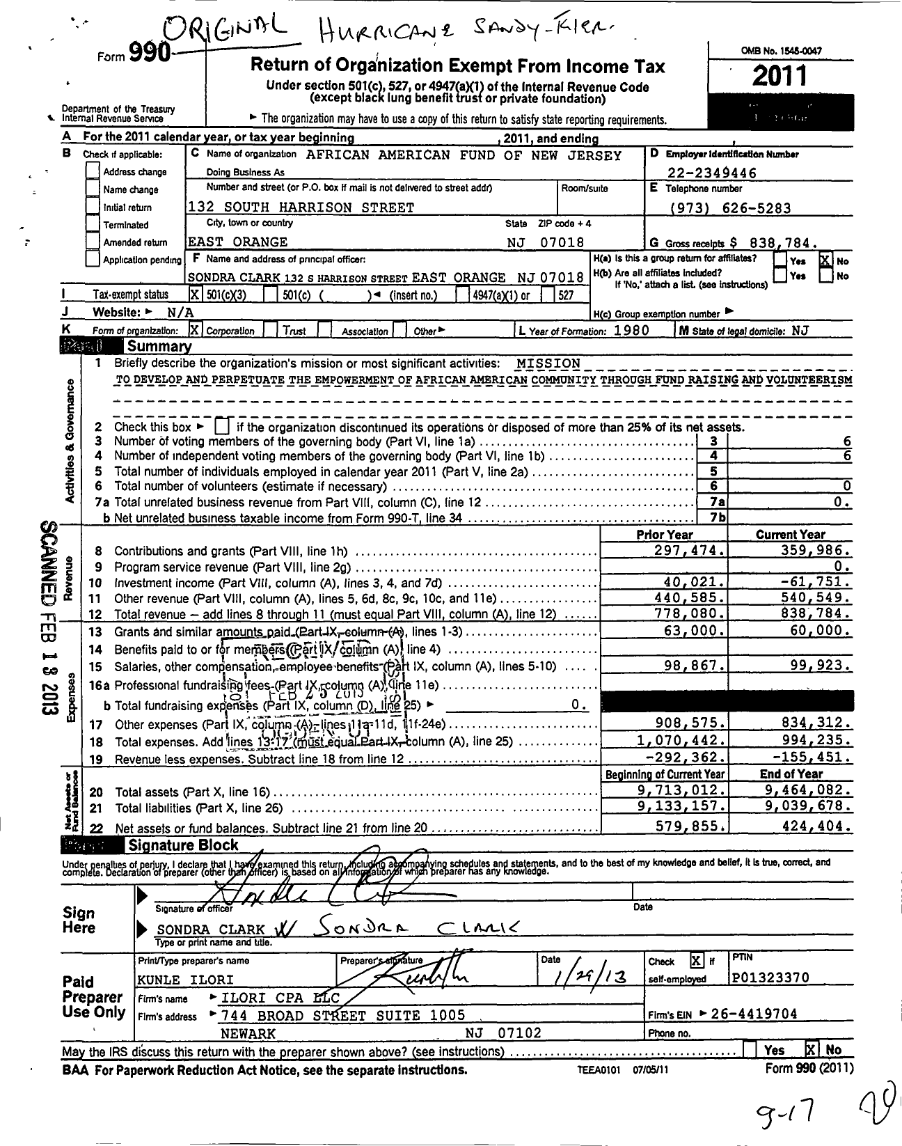 Image of first page of 2011 Form 990 for African American Fund of New Jersey