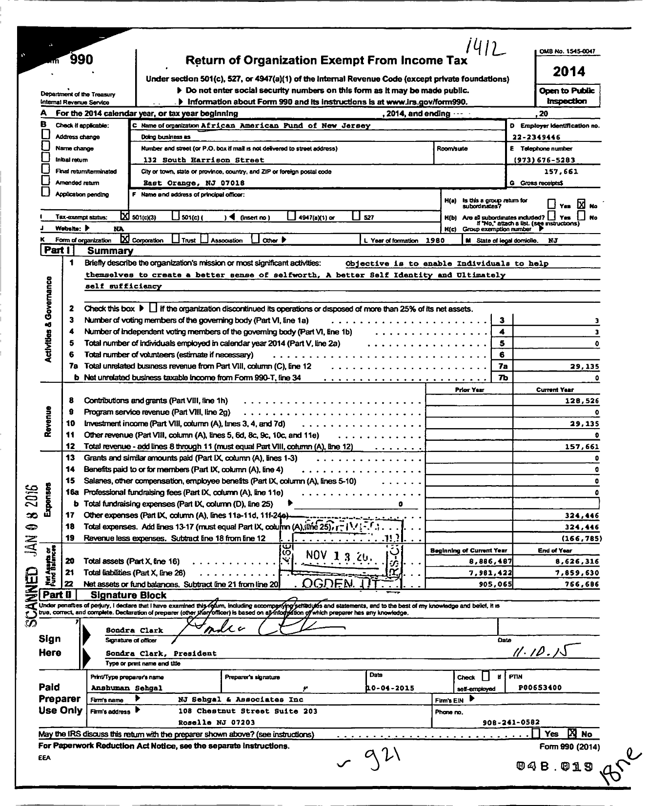 Image of first page of 2014 Form 990 for African American Fund of New Jersey