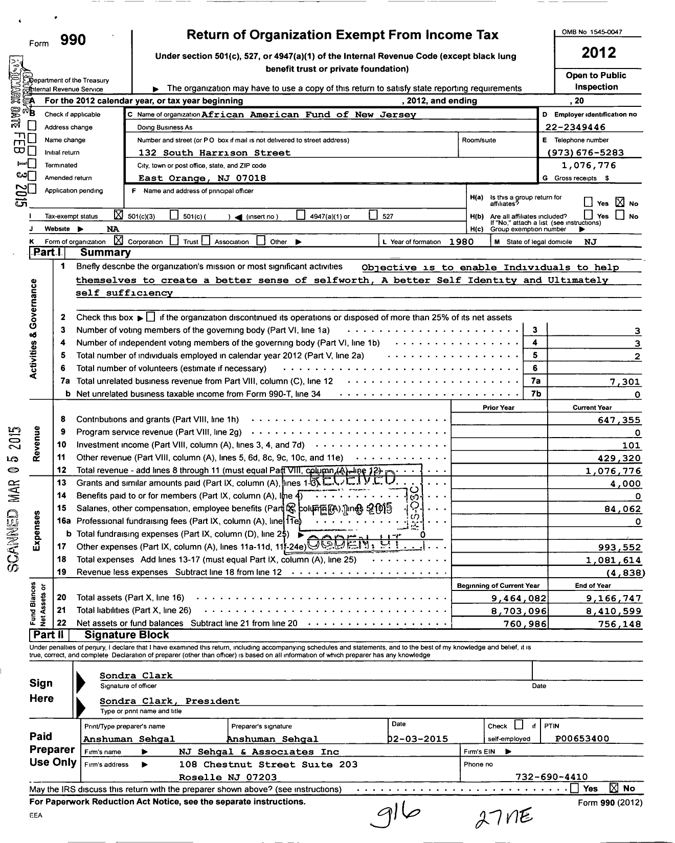 Image of first page of 2012 Form 990 for African American Fund of New Jersey