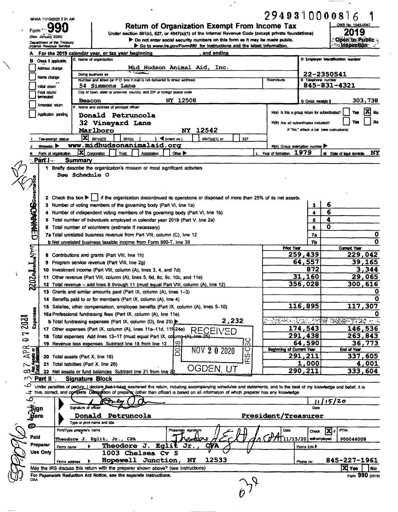 Image of first page of 2019 Form 990 for Mid Hudson Animal Aid (MHAA)