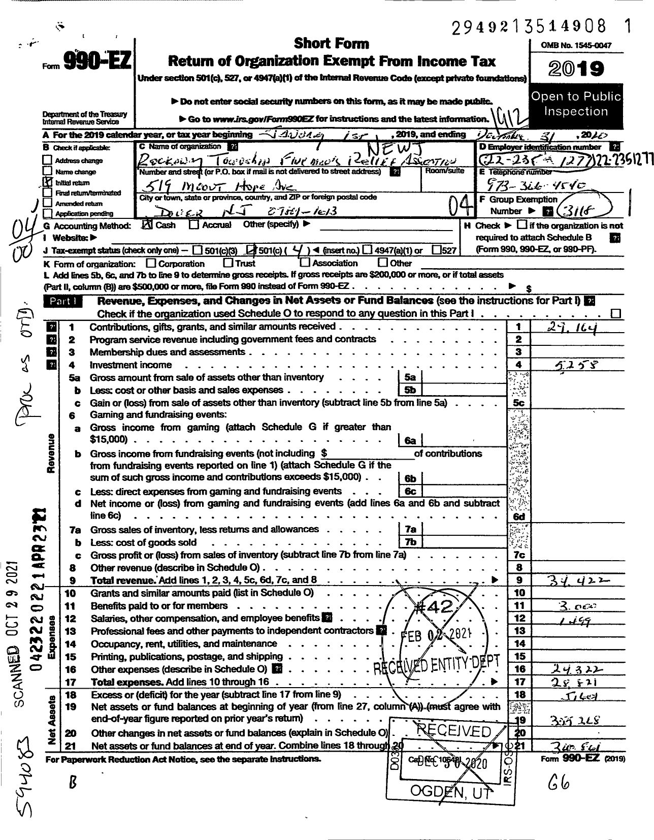 Image of first page of 2019 Form 990EO for New Jersey State Firemens Association / Rockaway TWSP