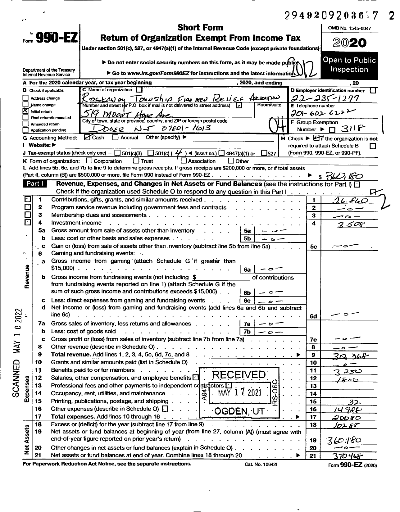 Image of first page of 2020 Form 990EO for New Jersey State Firemens Association / Rockaway TWSP