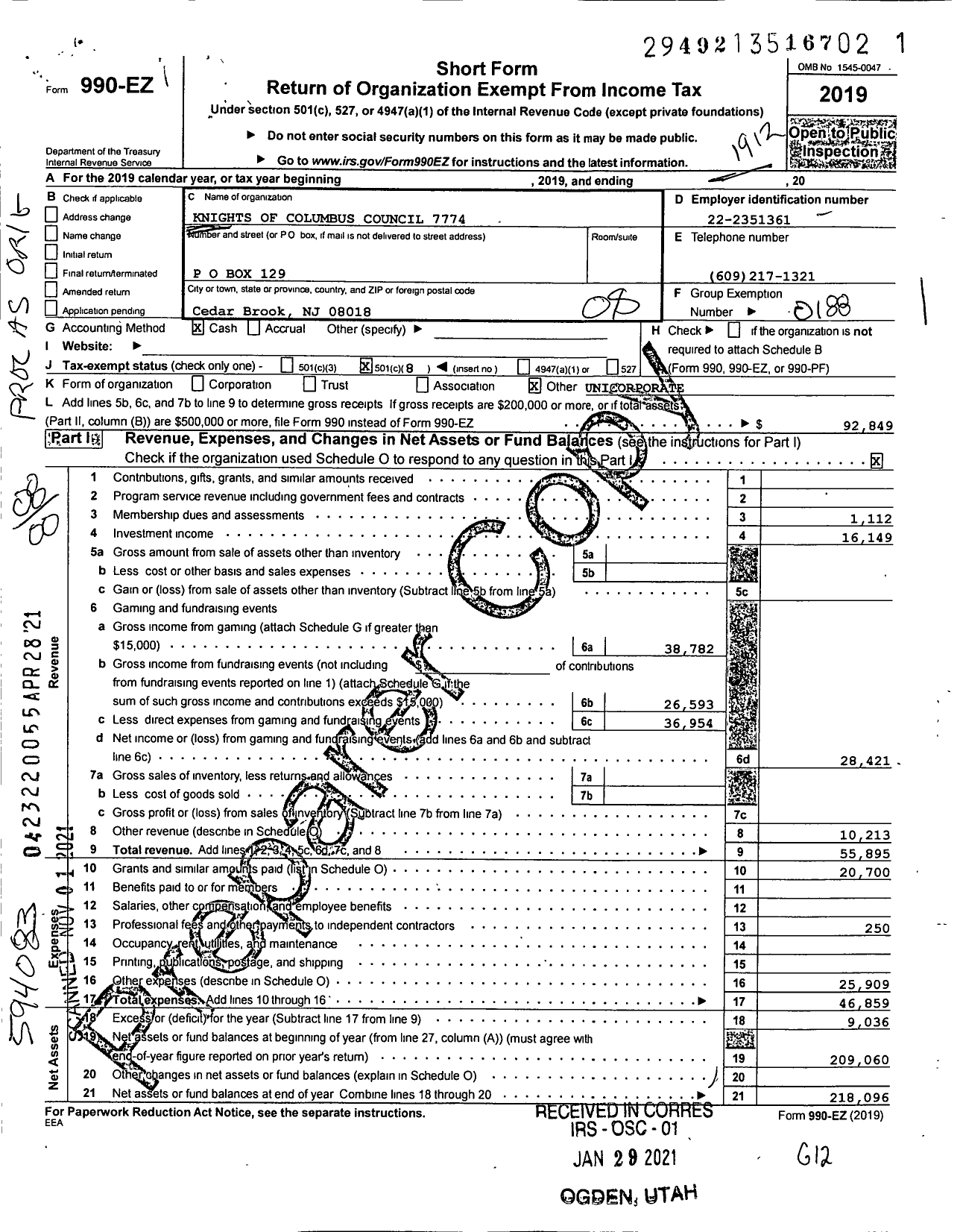 Image of first page of 2019 Form 990EO for Knights of Columbus - 7774 FR Harold Koeppen Council