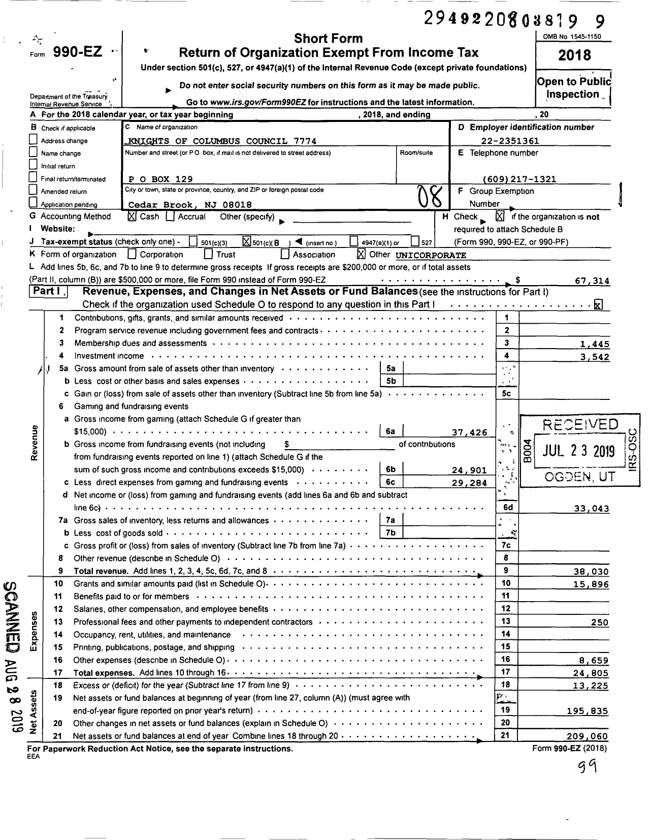 Image of first page of 2018 Form 990EO for Knights of Columbus - 7774 FR Harold Koeppen Council