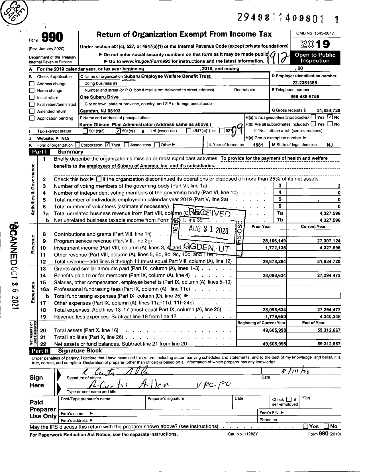 Image of first page of 2019 Form 990O for Subaru Employee Welfare Benefit Trust