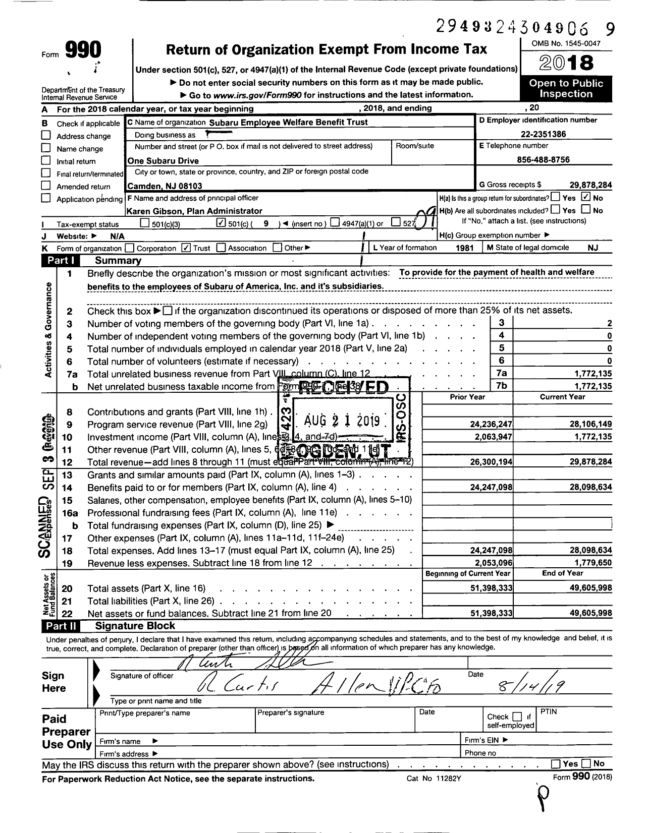 Image of first page of 2018 Form 990O for Subaru Employee Welfare Benefit Trust