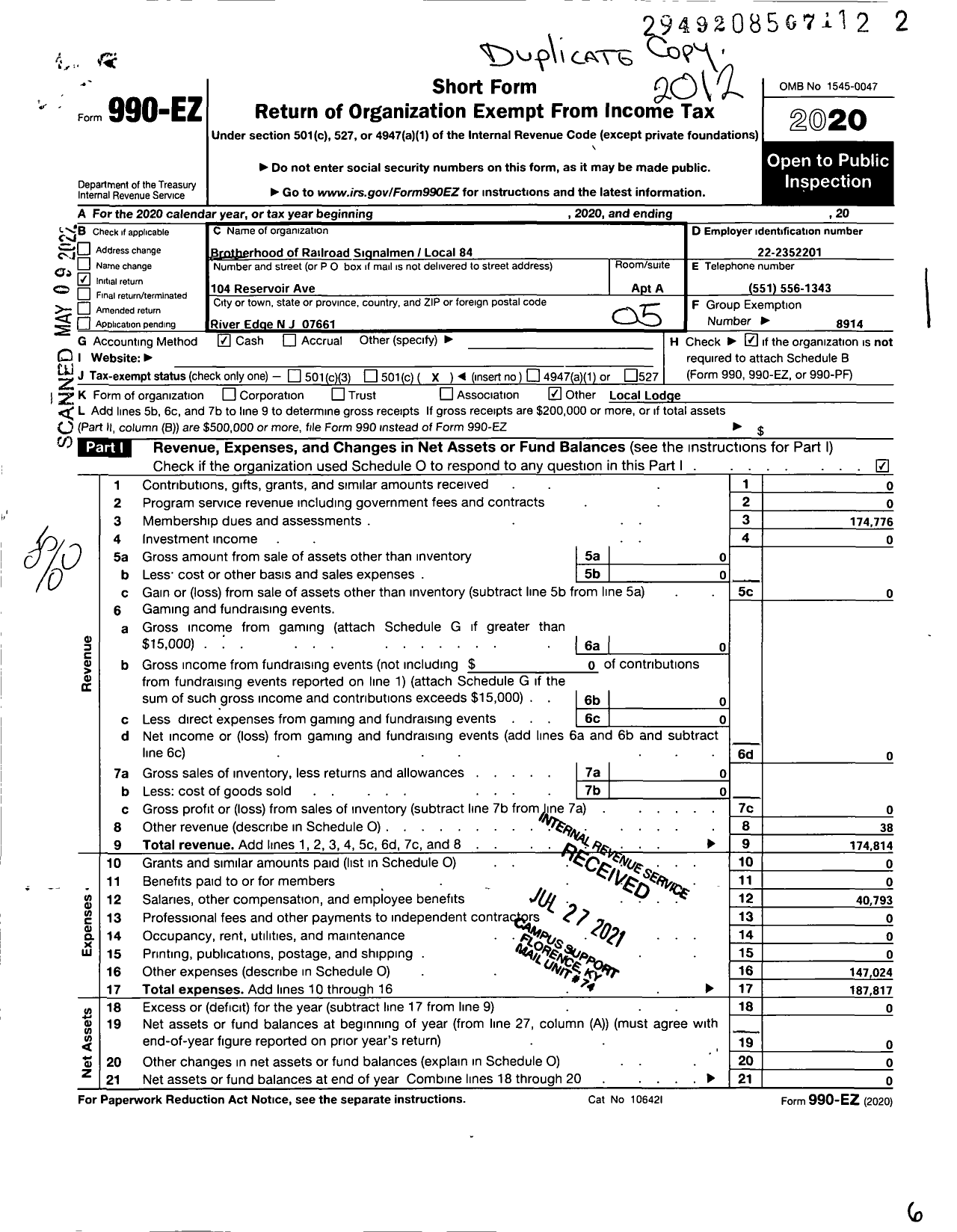 Image of first page of 2020 Form 990EO for Brotherhood of Railroad Signalmen Local 84