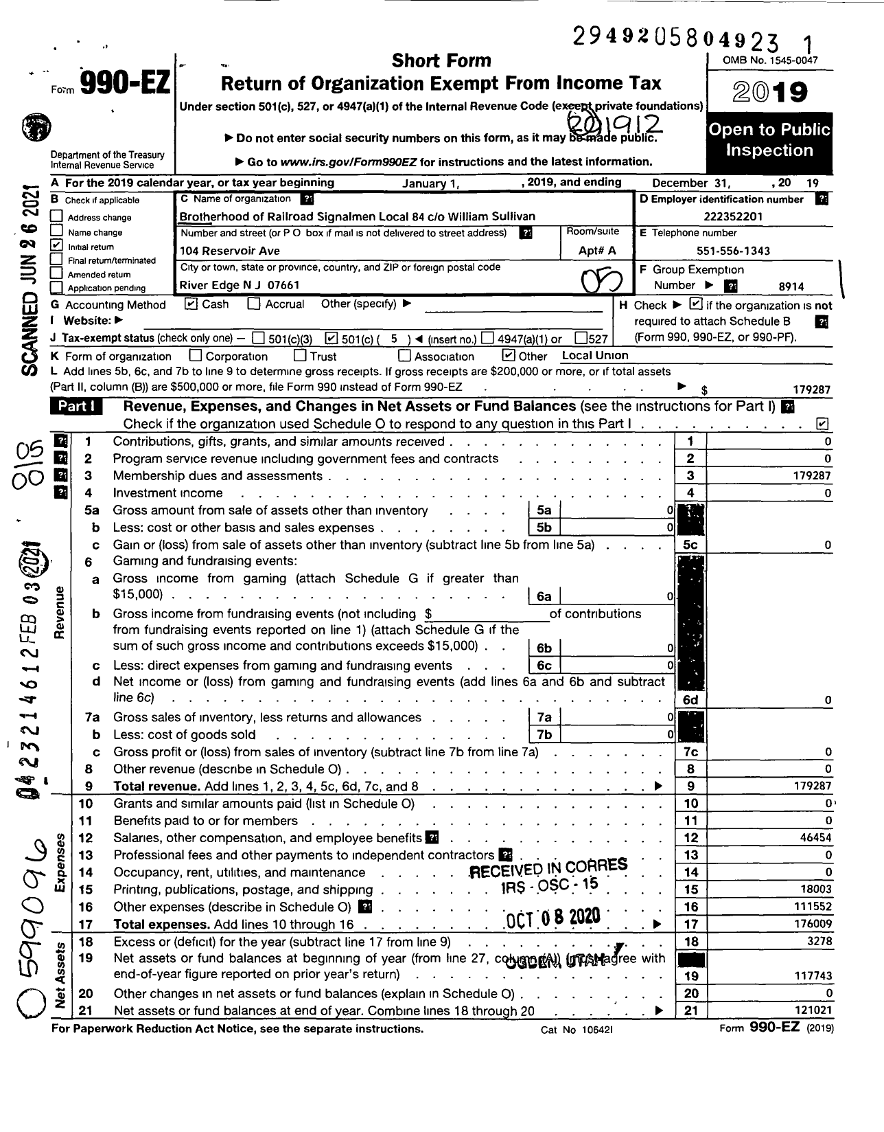 Image of first page of 2019 Form 990EO for Brotherhood of Railroad Signalmen Local 84