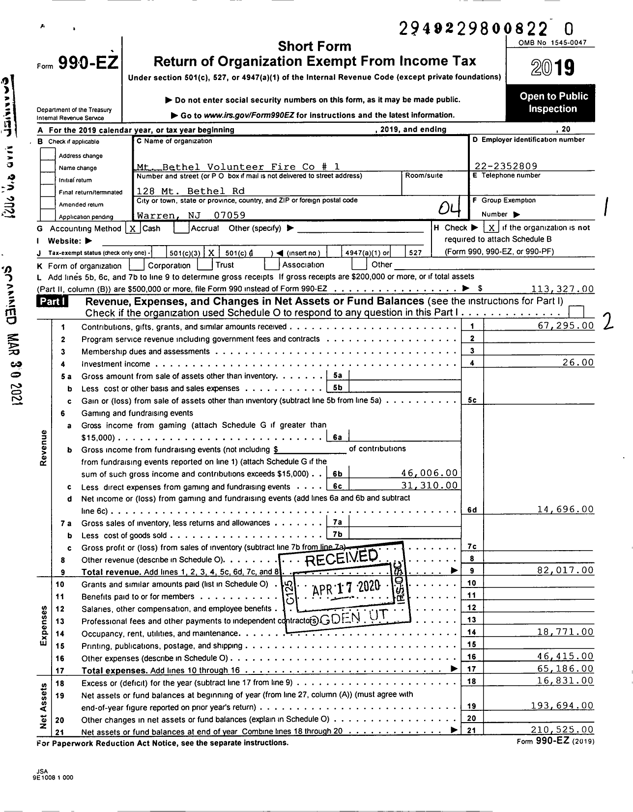 Image of first page of 2019 Form 990EO for Mount Bethel Volunteer Fire 1