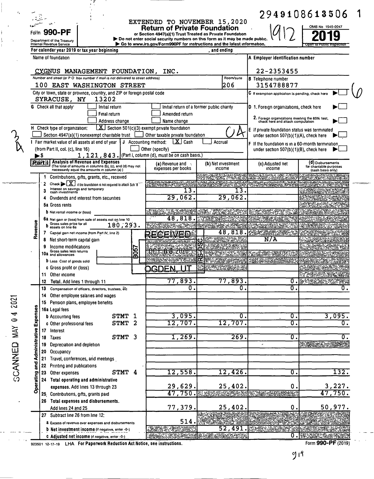 Image of first page of 2019 Form 990PF for Cygnus Management Foundation