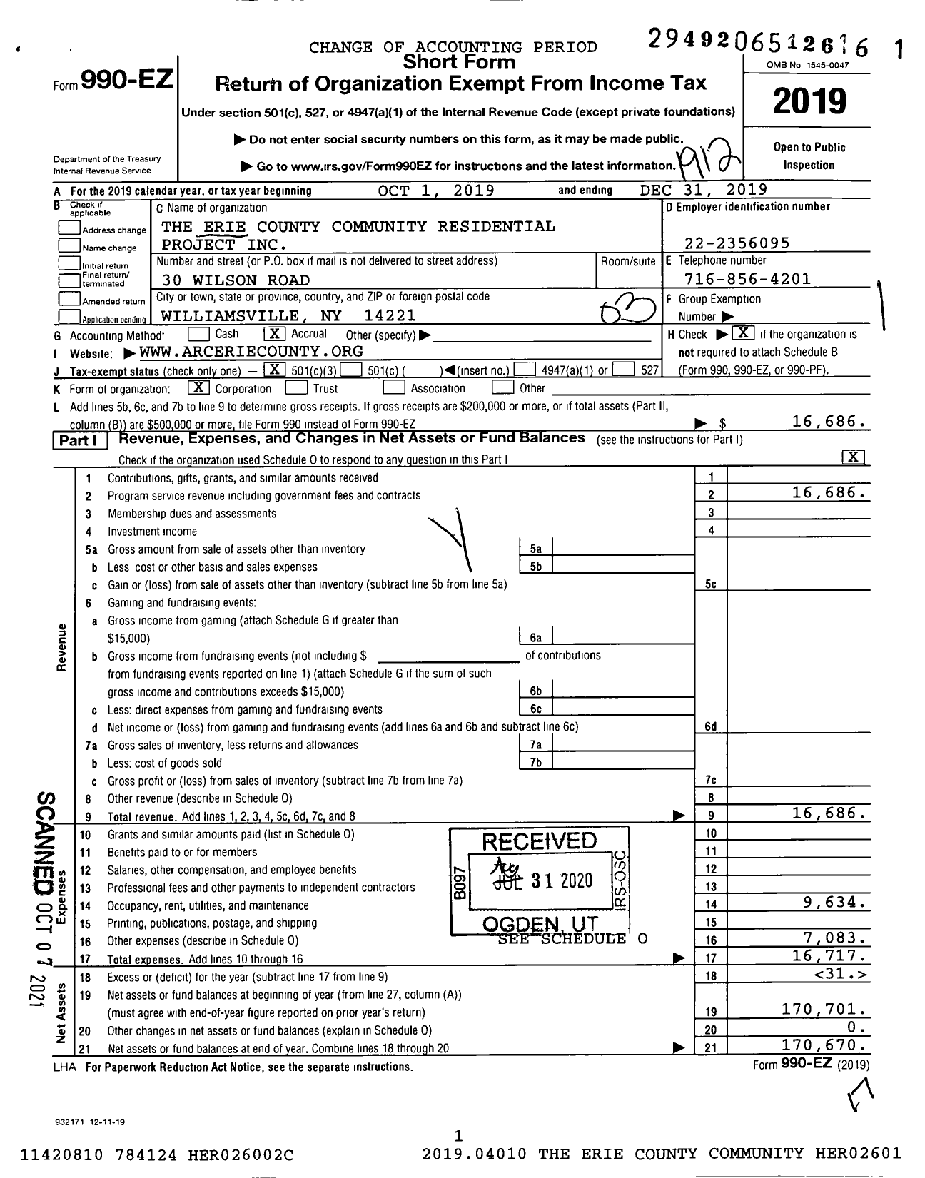 Image of first page of 2019 Form 990EZ for The Erie County Community Residential Project