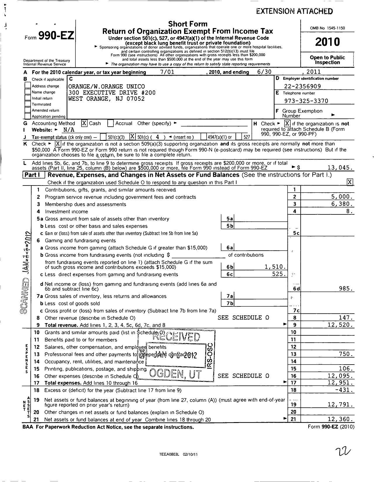 Image of first page of 2010 Form 990EO for Orangeworange Unico