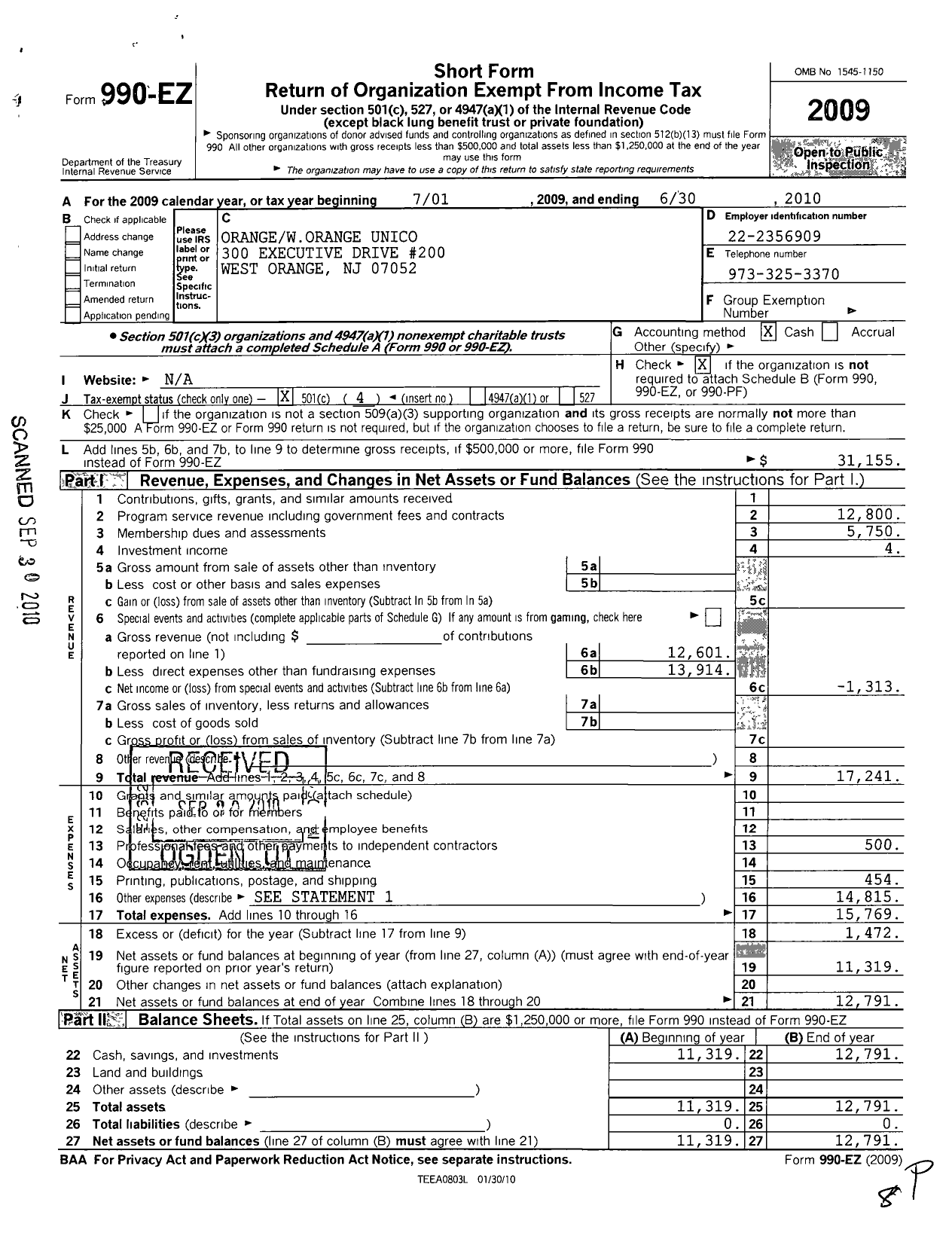 Image of first page of 2009 Form 990EO for Orangeworange Unico