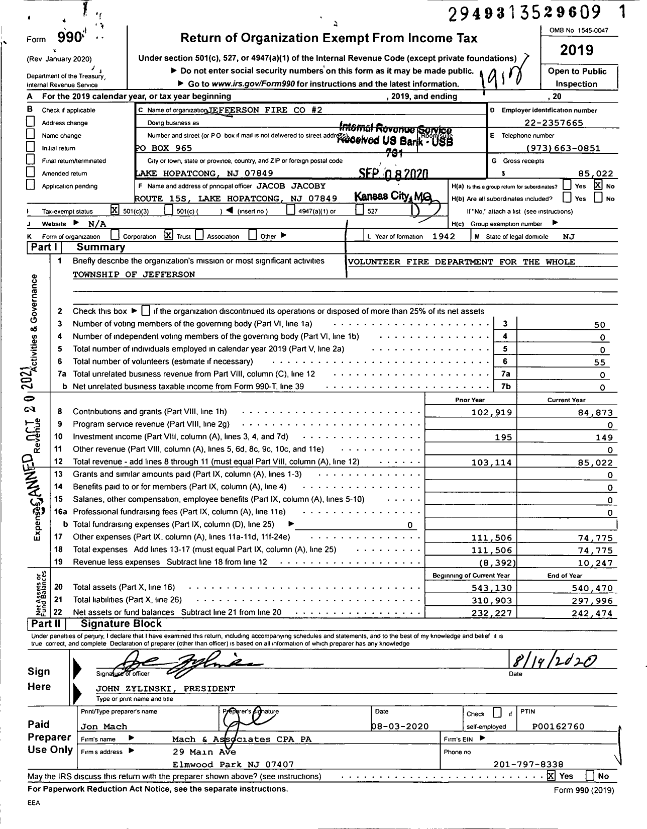 Image of first page of 2019 Form 990 for Jefferson Fire #2