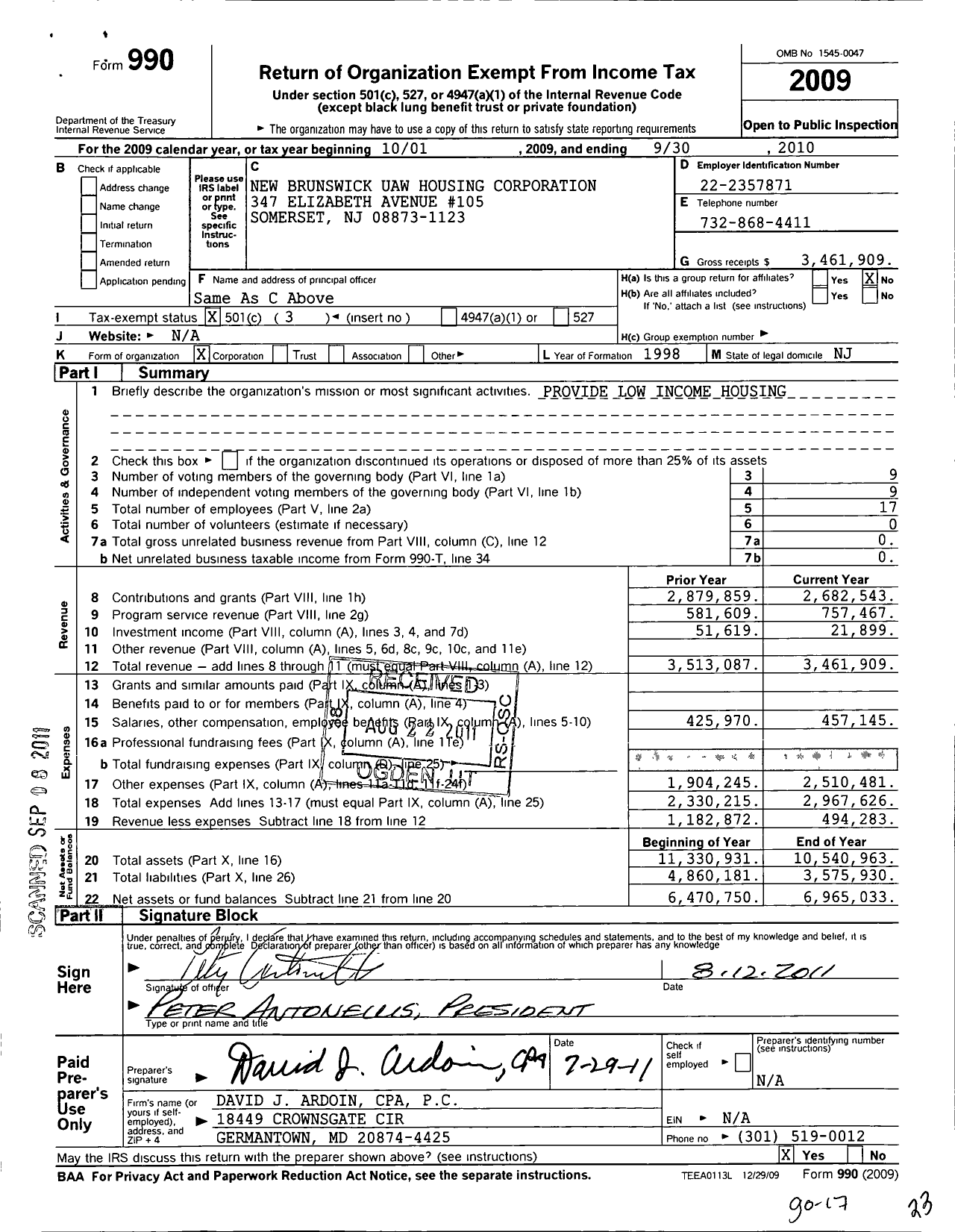 Image of first page of 2009 Form 990 for New Brunswick Uaw Housing Corporation